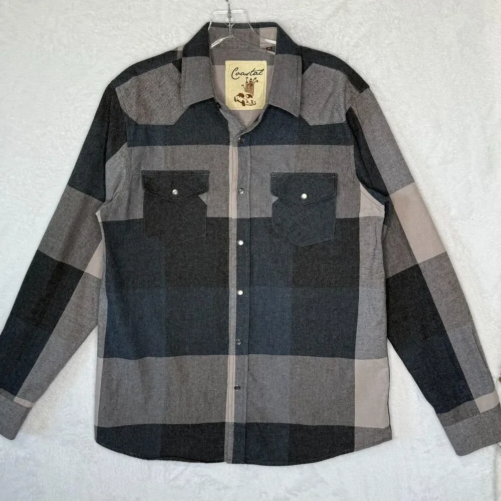 Coastal Pearl Snap Shirt Mens Medium Blue Gray Plaid Western Cowboy Long‎ Sleeve